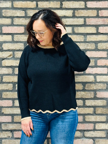 Contrast Scallop Trim Sweater - Black