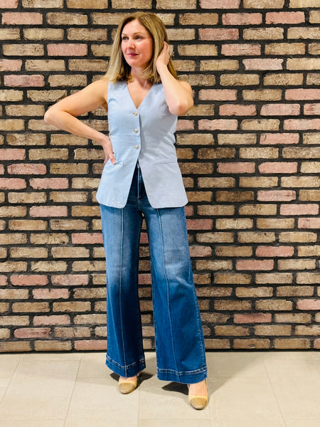 Longline Button Down Vest - Light Blue