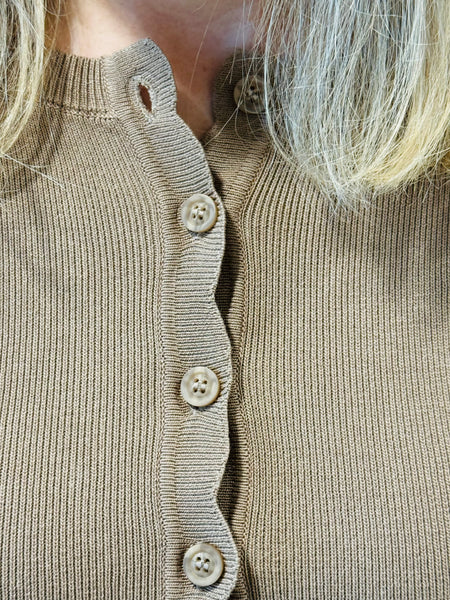 Scalloped Button Down Cardigan - Deep Taupe