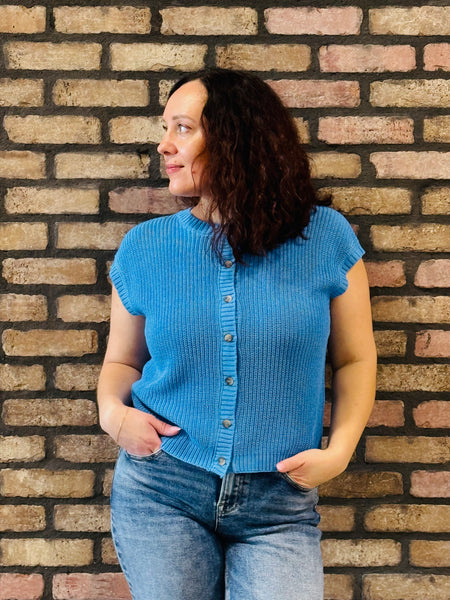 Button Down Cardigan Vest - Blue