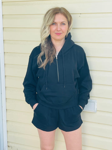 Half Zip Up Basic Hoodie - Black