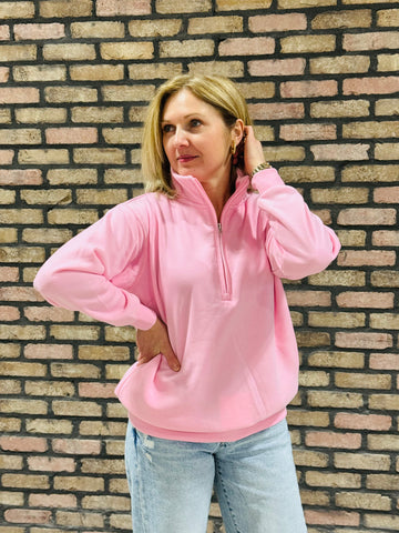 Half Zip-Up Burn-Out Pullover - Bubblegum Pink