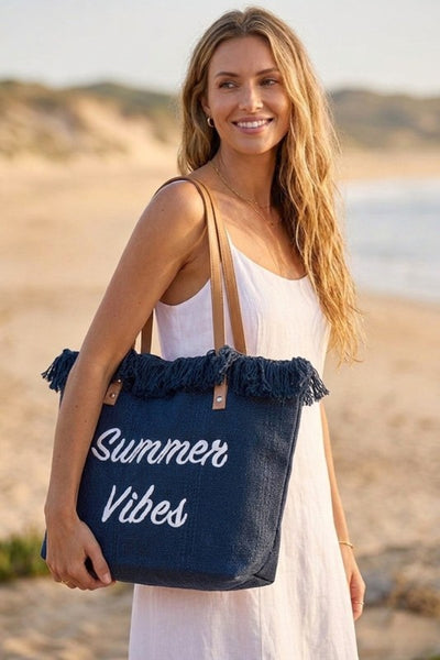 Summer Vibe fringe canvas tote bag - navy