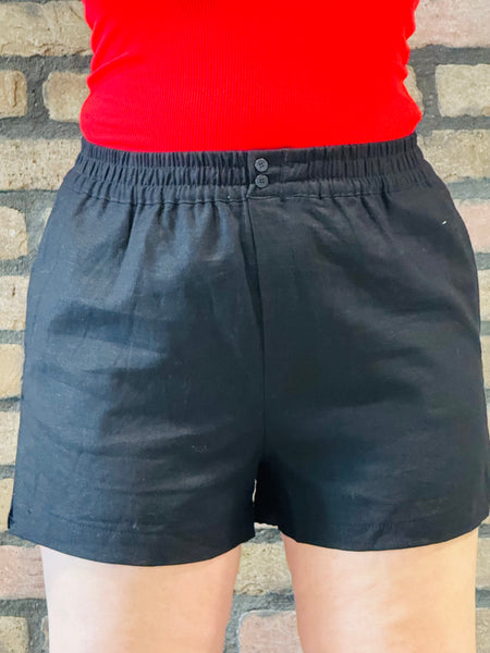 Linen Elastic Waist Shorts - Black
