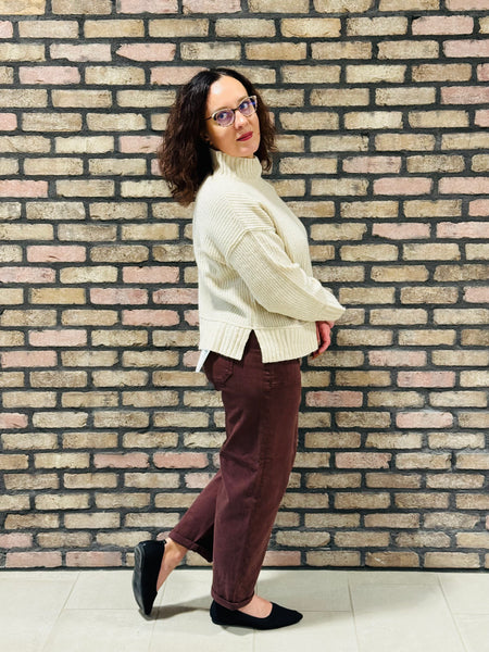 Split Hem Mock Neck Sweater - Khaki