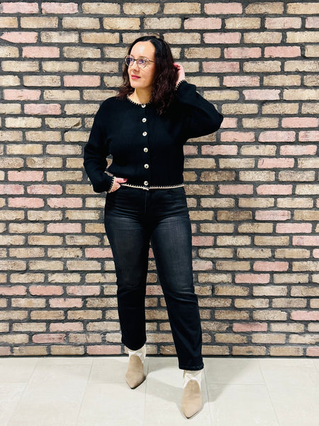 Contrast Stitches Trim Cardigan - Black￼