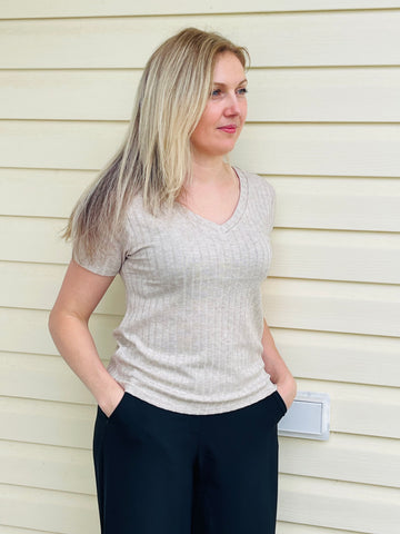 Ribbed V-Neck Top - Ash Mocha