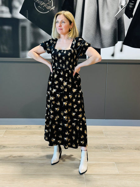 Floral Velvet Midi Dress - Black Multi