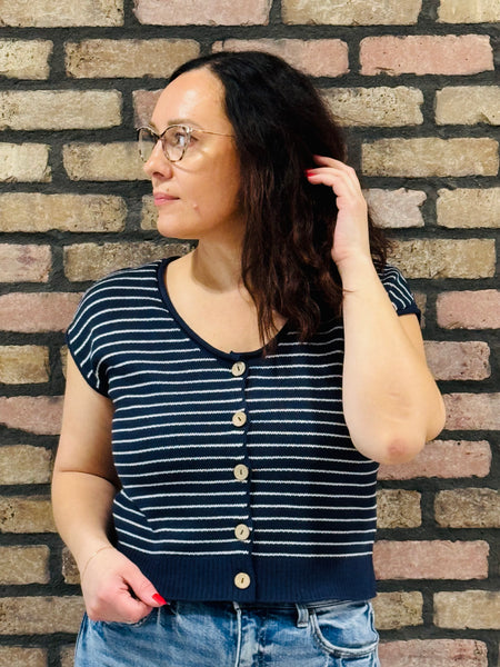 Striped Short Sleeves Cardigan - Navy