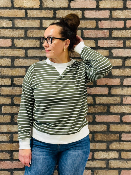 Striped Rib Banded Pullover - DK Olive