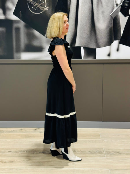 Smocked Ruffle Midi Dress - Black