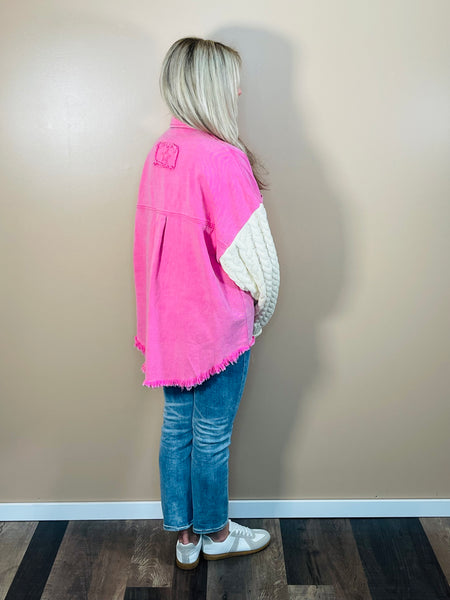 Contrast Sweater Sleeves Jacket - Punch Pink/Ivory