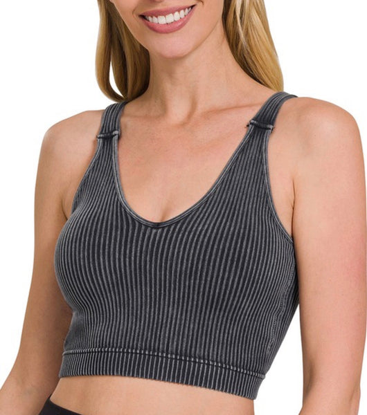 Ribbed Bra Padded Tank Top - Ash Black