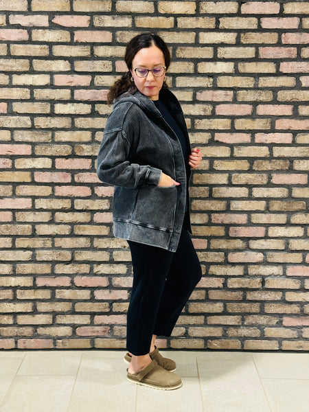 Waffle Washed Cardigan - Black