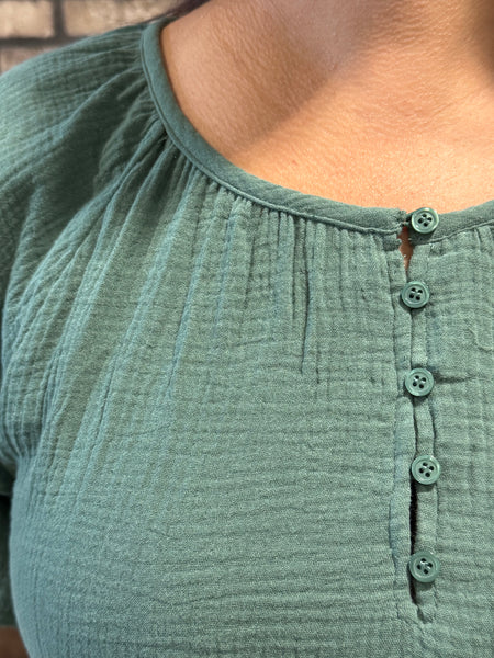 Gauze Henley Midi Dress - Hunter Green