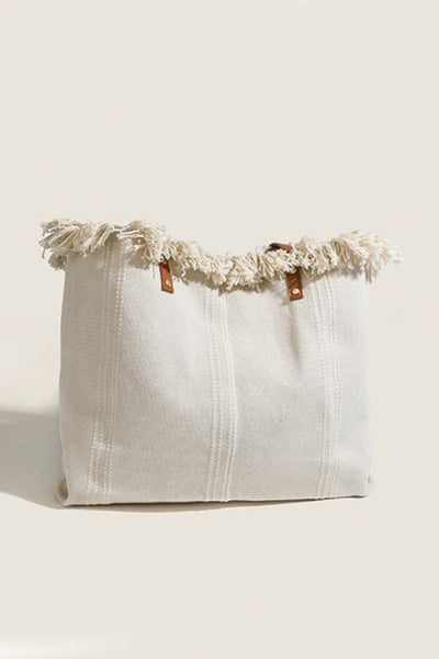 Summer Vibe fringe canvas tote bag - ivory