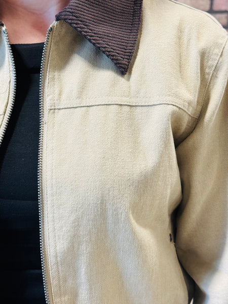 Contrast Corduroy Collar Barn Jacket - Khaki