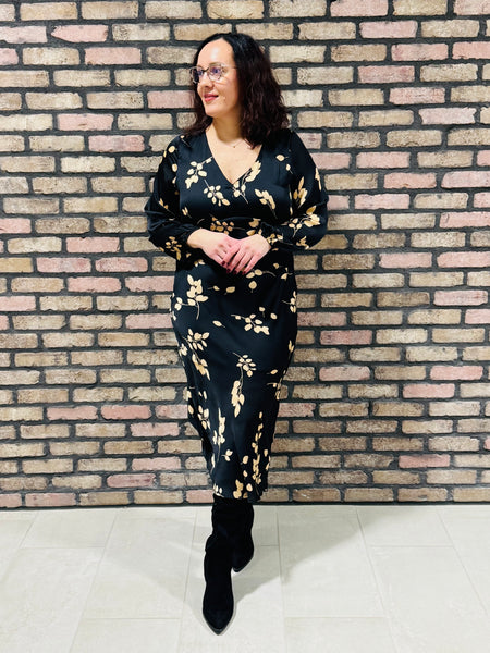 Side Slit Floral Midi Dress - Black