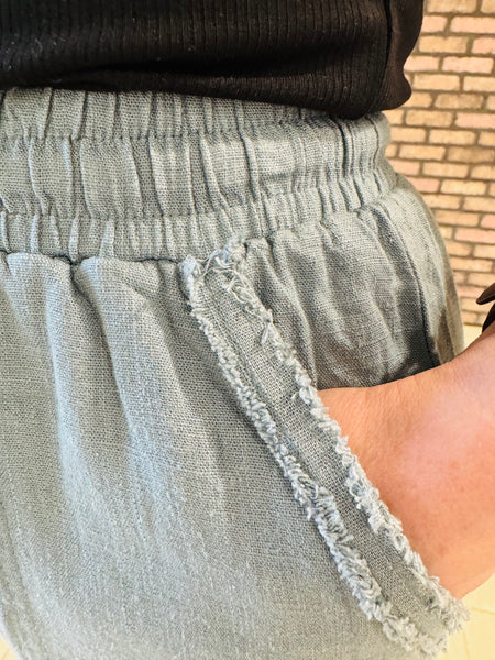 Wide Leg Linen Blend Pants - Blue Grey