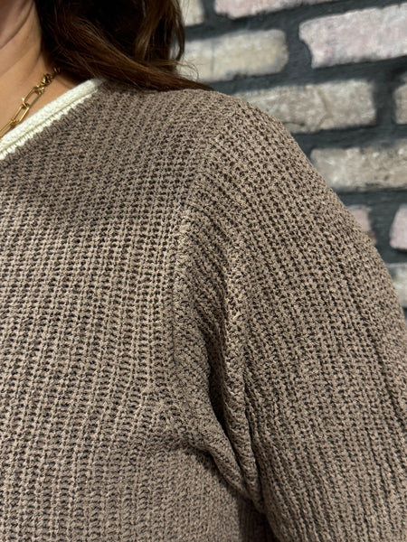 Contrast Trim Puff Sleeves Sweater - Mocha