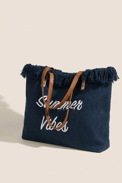 Summer Vibe fringe canvas tote bag - navy