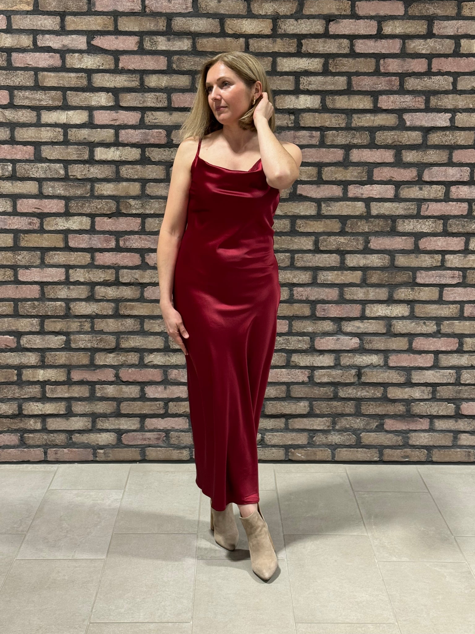 Satin Cowl Neck Midi Dress - Burgundy