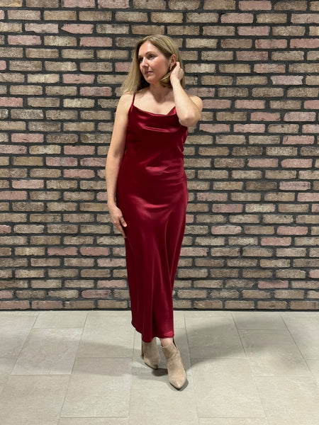 Satin Cowl Neck Midi Dress - Burgundy