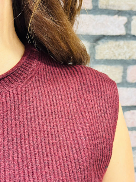 Raw Mock Neck Sweater Top - Burgundy