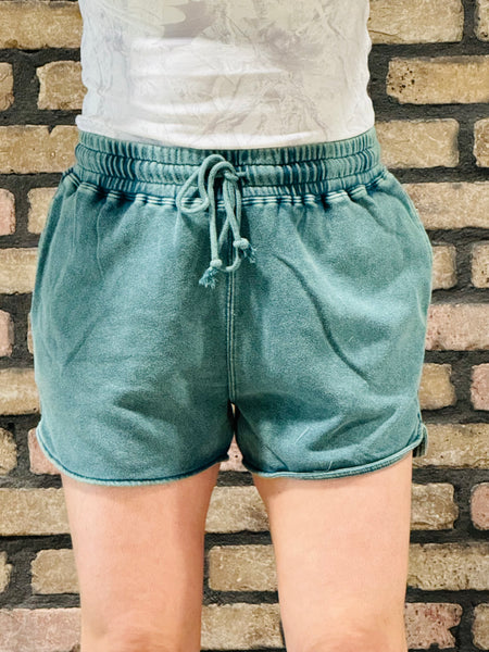 Acid Washed Elastic Waist Shorts - Dark Teal