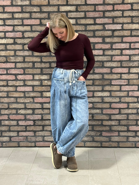 Washed Denim Barrel Pants - Medium Wash
