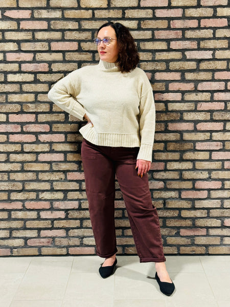 Split Hem Mock Neck Sweater - Khaki