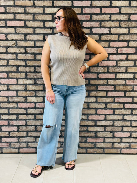 Raw Mock Neck Sweater Top - Khaki