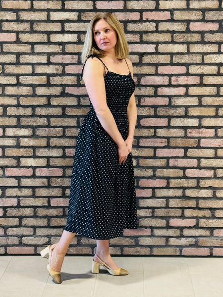 Polka Dot Smocked Midi Dress - Black