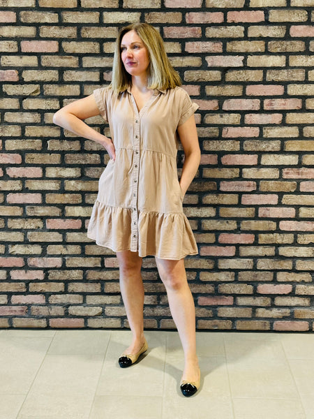 Ruffle Button Up Mini Dress - Taupe