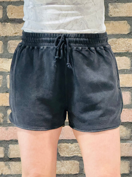 Acid Washed Elastic Waist Shorts - Black
