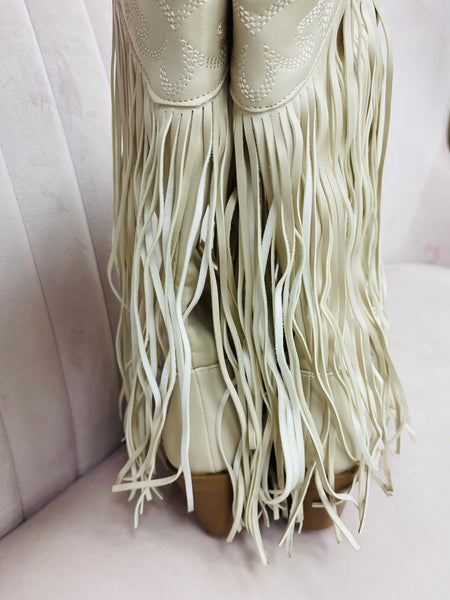 Long Fringe Western Boots - Off White