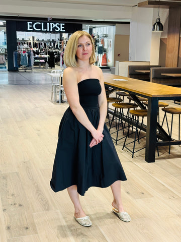 Strapless Flared Midi Dress - Black