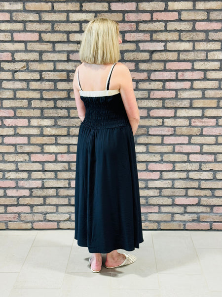 Contrast Smocked Bodice Dress - Black