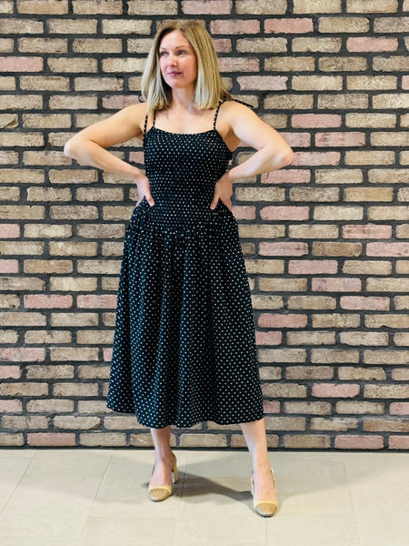 Polka Dot Smocked Midi Dress - Black