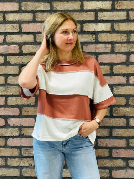 Colour Block Exposed Seam Top - Lt Mahogany
