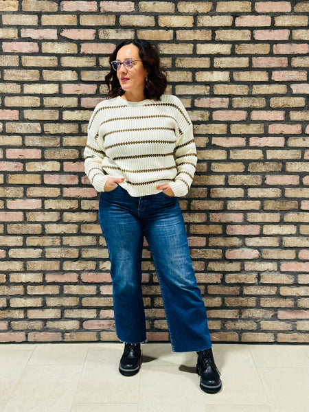 Striped Ribbed Knit Sweater - Cream