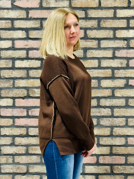 Contrast Trim Sweater - Brown/Ash Mocha