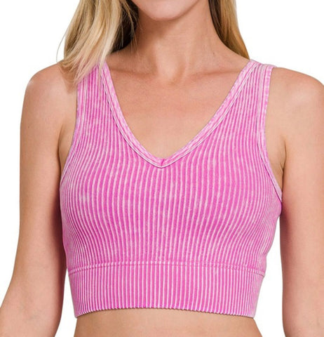 2 Way Neckline Ribbed Tank Top - Bright Mauve