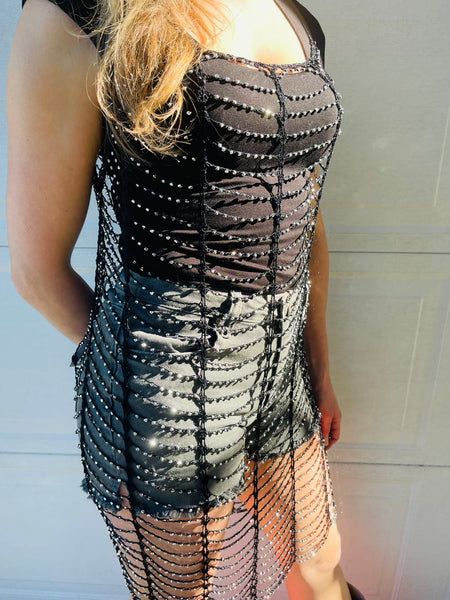 Rhinestone Spaghetti Strap Crochet Dress - Black