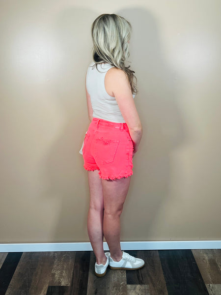 High Rise Distressed Details Shorts - Coral