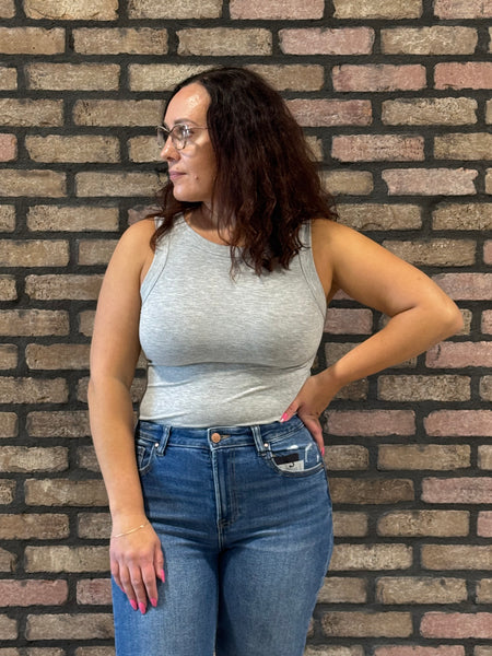 Patch Detail Ribbed Tank Top - H Grey
