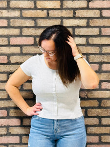 Buttons Detail Ribbed Tee - LT H Grey