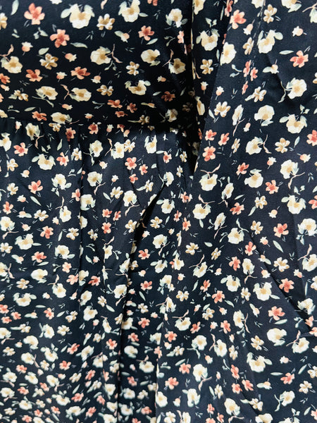 Floral Print Smocking Back Dress - Black