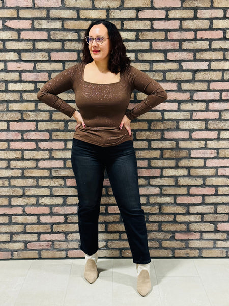 Square Neck Metallic Top - Brown