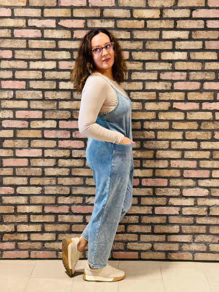 Washed Overalls with Pockets - Dusty Blue